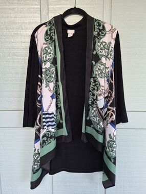 Chicos Black Cardigan Jacket  Green and Blue Print Traverlers Collection 0 Small